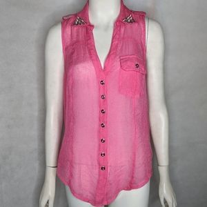 Pink Sparkly Sleeveless Blouse Studs Pockets